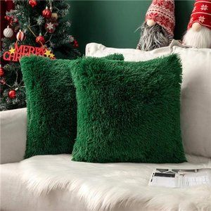2 Pcs Green Throw Cover Deluxe | Winter Decorative Plush Pillow Case 18x18 Inch